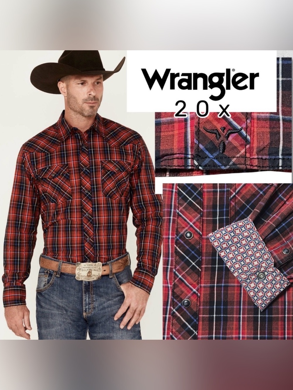 Wrangler 20X Competition Red Plaid Pearl Snap Western Button Up Printed Cuff XL